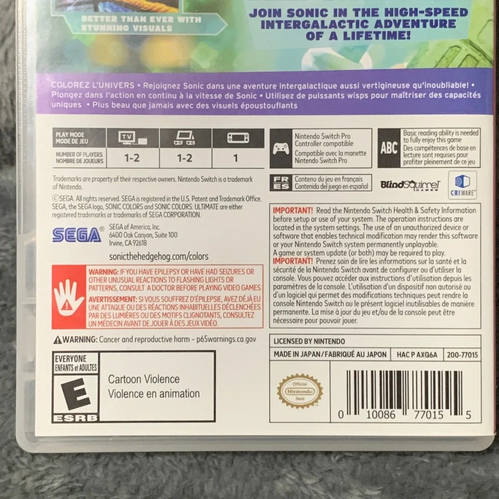 Sonic Colors Ultimate Nintendo Switch SEGA Video Game HAC P AXQ6A USA Physical
